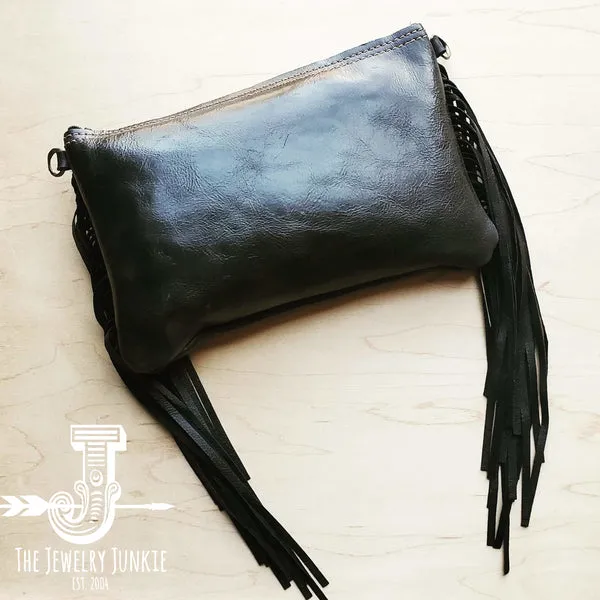 Black Leather Clutch w/ Fringe