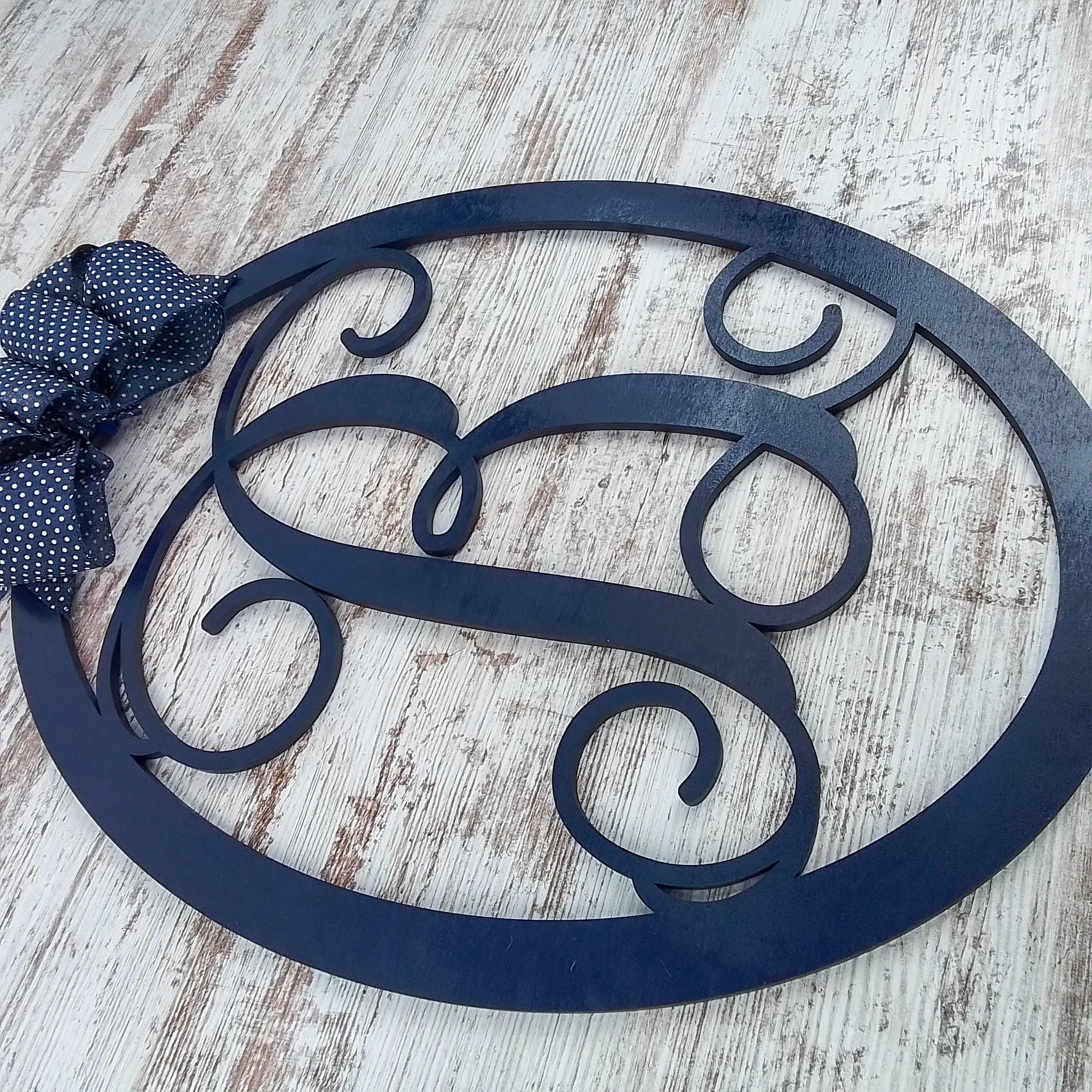 Customizable Monogram Door Hanger, Personalized Wooden Door Decor, Navy Blue Oval Wreath with Decorative Bow