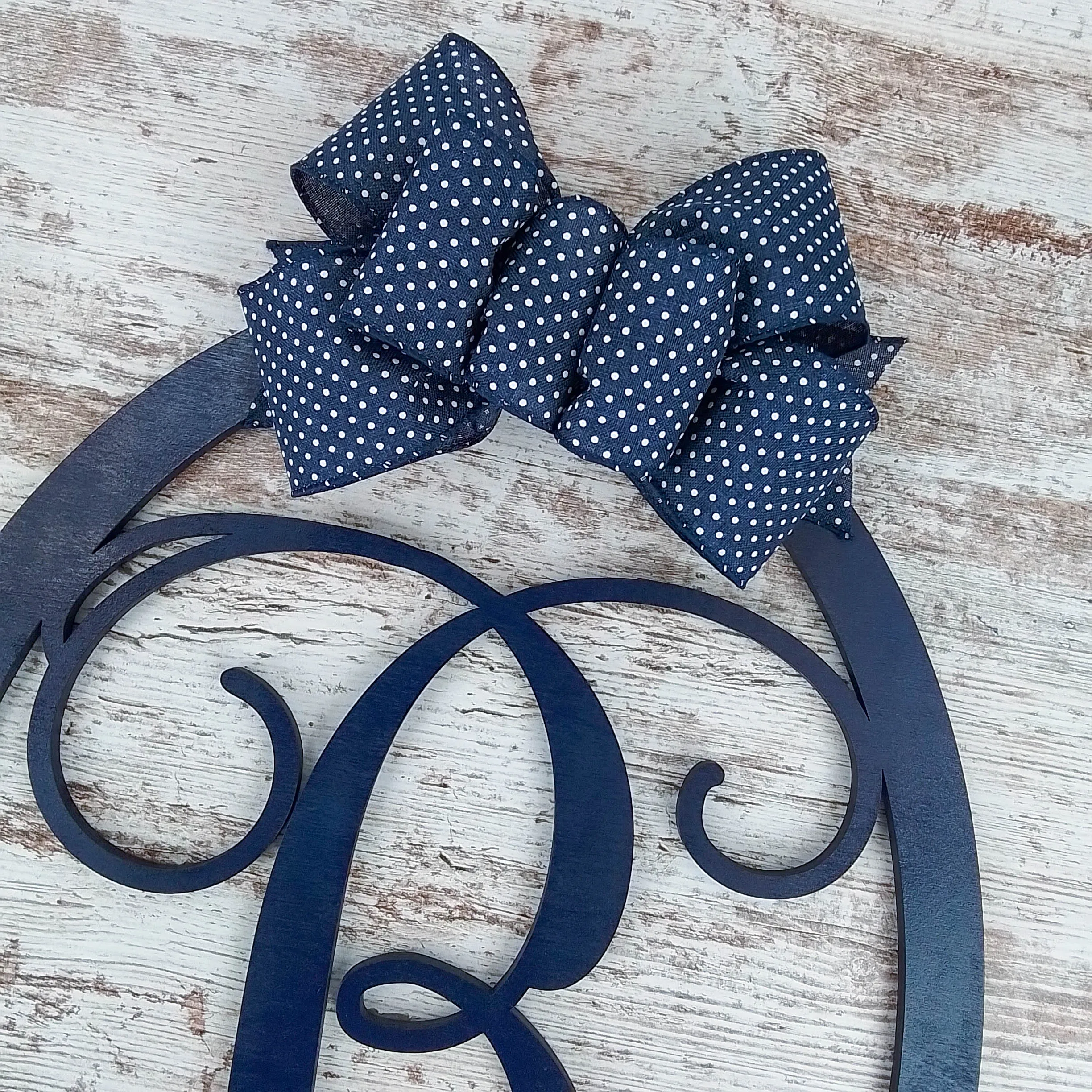 Customizable Monogram Door Hanger, Personalized Wooden Door Decor, Navy Blue Oval Wreath with Decorative Bow