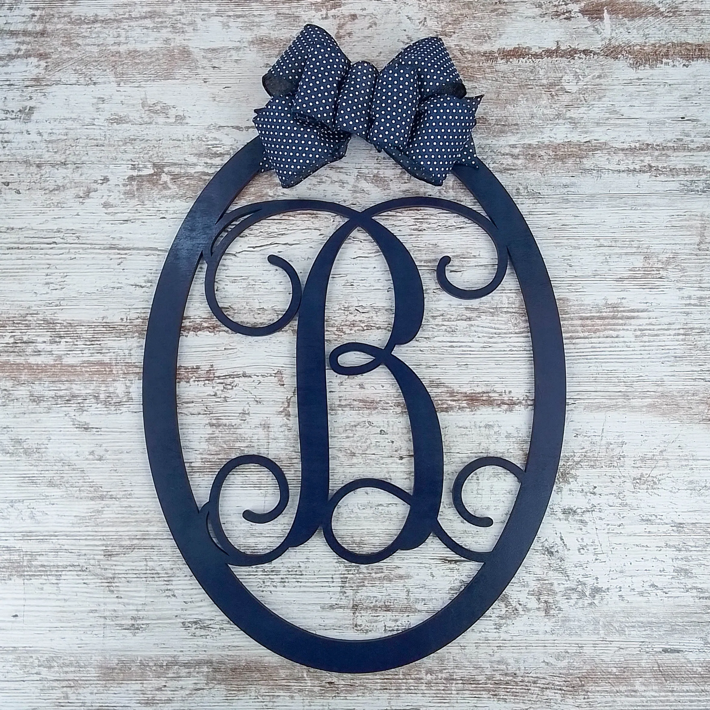 Customizable Monogram Door Hanger, Personalized Wooden Door Decor, Navy Blue Oval Wreath with Decorative Bow