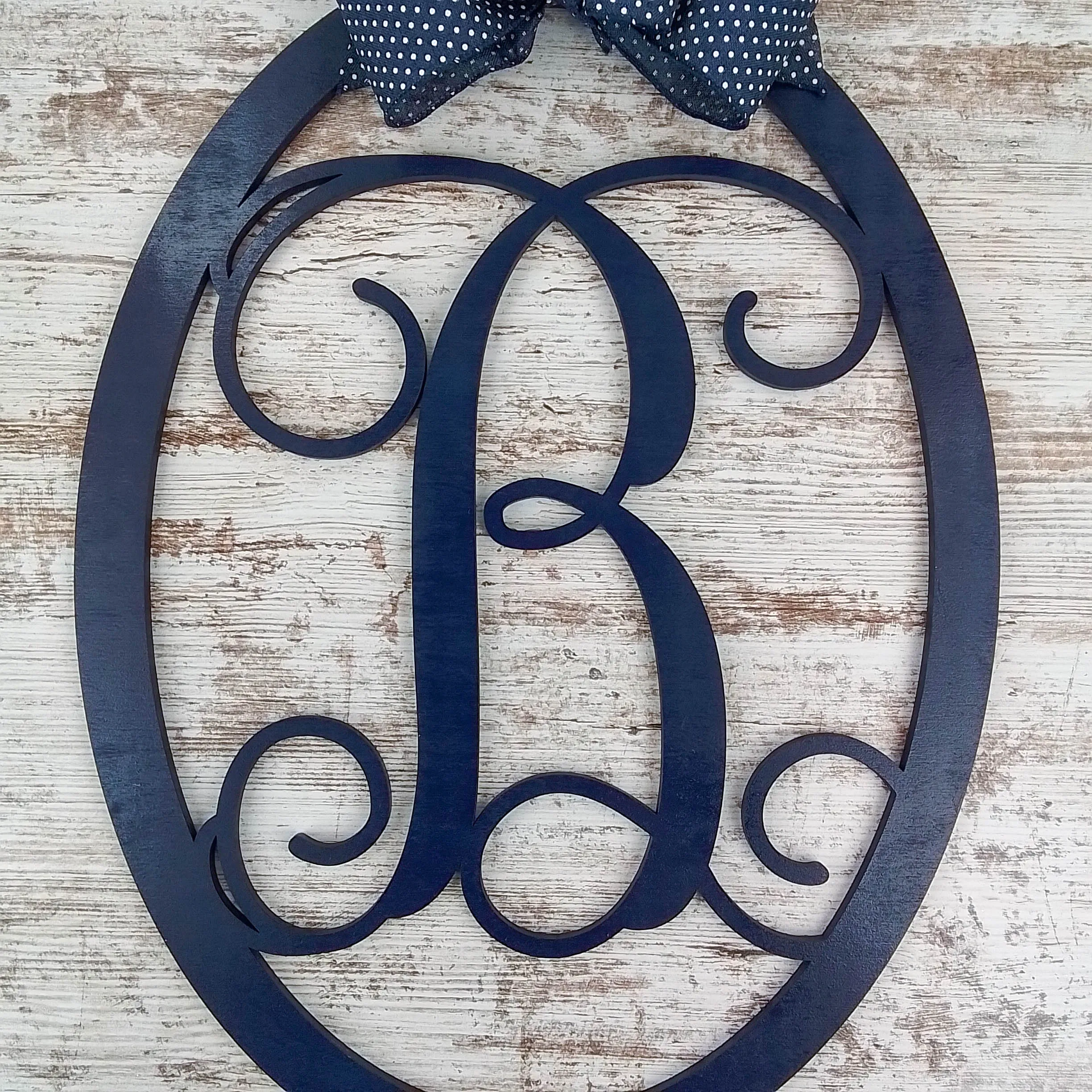 Customizable Monogram Door Hanger, Personalized Wooden Door Decor, Navy Blue Oval Wreath with Decorative Bow