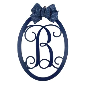 Customizable Monogram Door Hanger, Personalized Wooden Door Decor, Navy Blue Oval Wreath with Decorative Bow