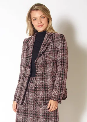 Fringe Hem Plaid Tweed Blazer in Red Black Tweed