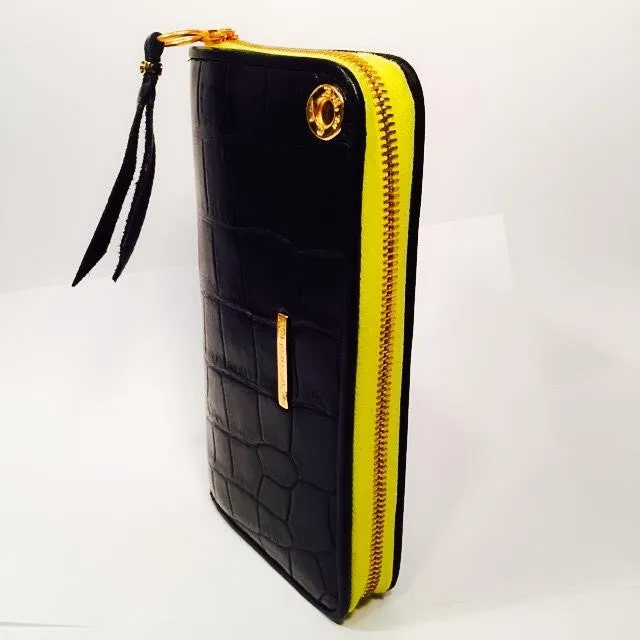 Large Zipper Wallet in Matte Black Crocodile Leather