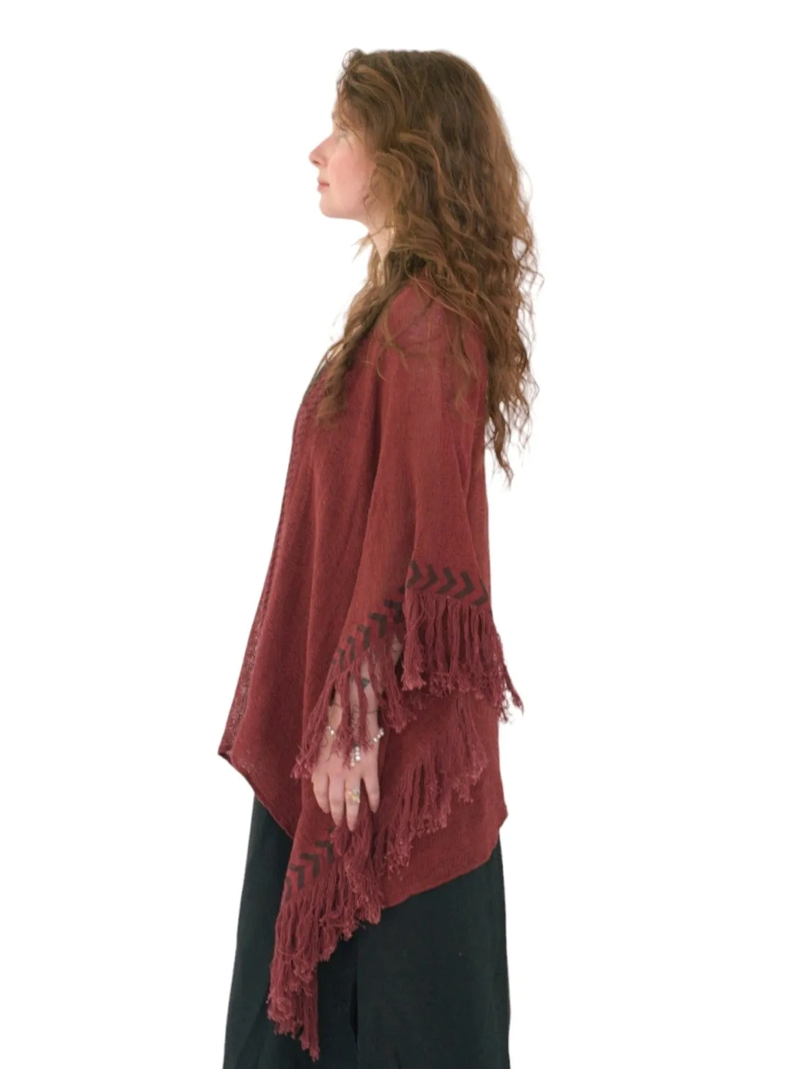 Maroon Mesh Open Poncho with Fringe