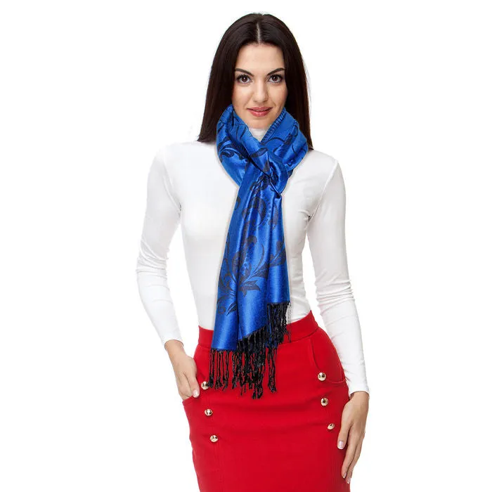 Pashmina Blue Flower Fringe Scarf for Women