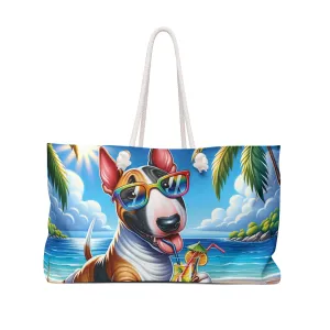 Personalised/Non-Personalised Weekender Bag, Summer Beach Dog, Bull Terrier, Large Weekender Bag, Beach Bag, Book Bag