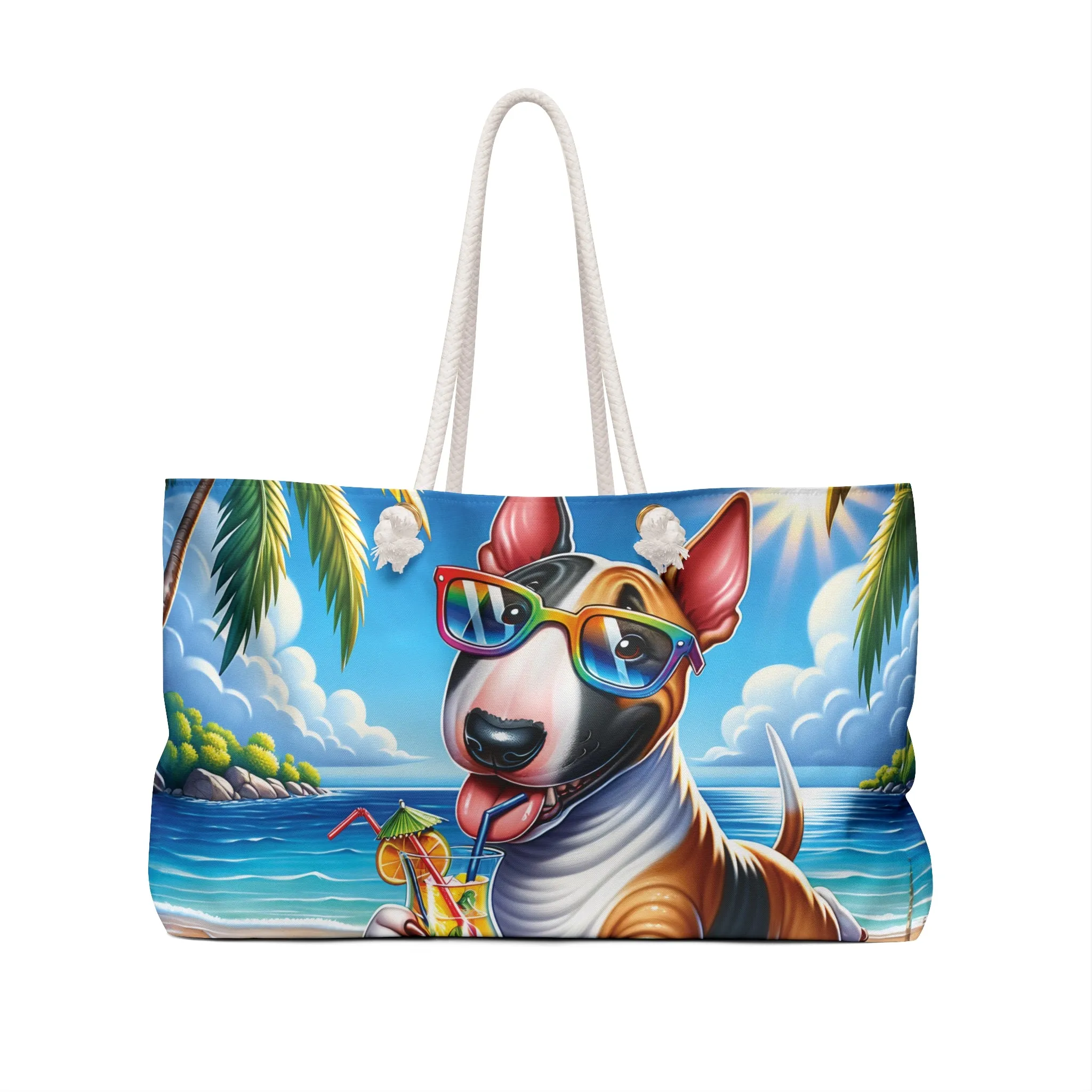 Personalised/Non-Personalised Weekender Bag, Summer Beach Dog, Bull Terrier, Large Weekender Bag, Beach Bag, Book Bag