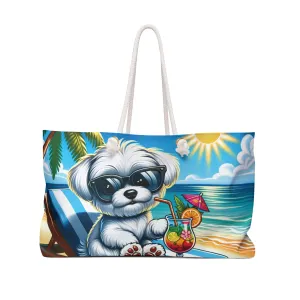 Personalised/Non-Personalised Weekender Bag, Summer Beach Dog, Maltese, Large Weekender Bag, Beach Bag, Book Bag