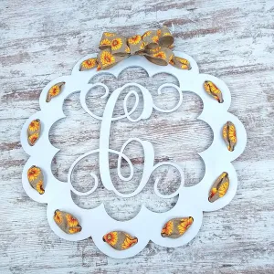 Personalized Door Hanger, Monogrammed Scalloped Design, Sunflower Themed Decor