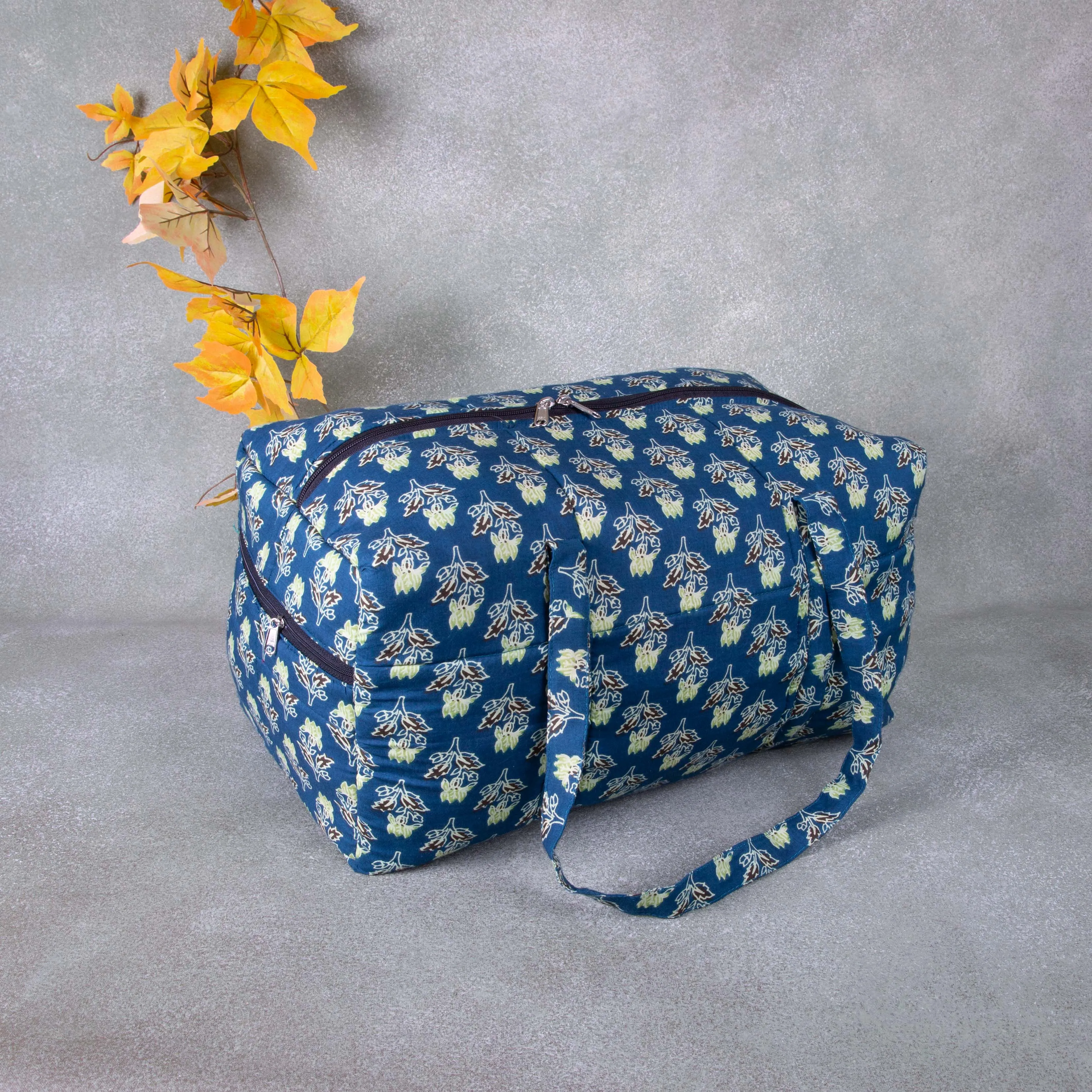 Rectangle Travel Bag blueish Green with Flower Design.