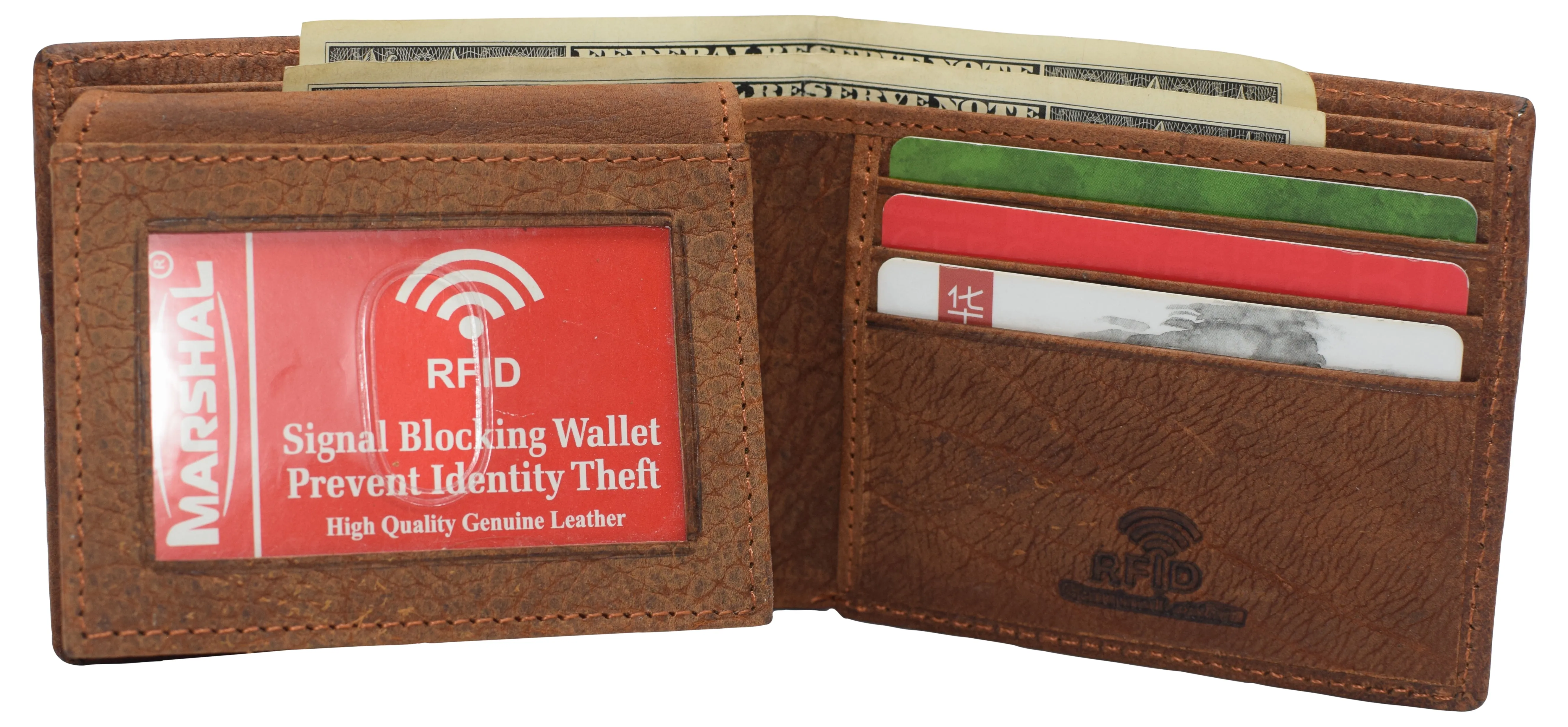 RFID53NUTN Real Genuine Leather RFID Blocking Wallets Mens Wallet Bifold Classic Engraved Logos