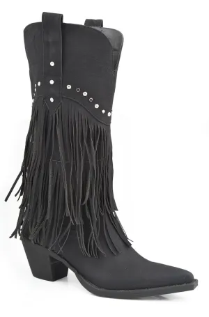 Roper Womens Black Distressed Faux Leather 12in Fringe Design Western Boots